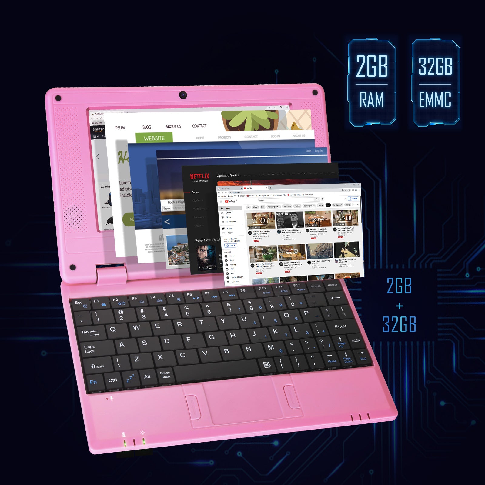 NBD Laptop Computer(7 inch), Quad Core Powered by Android 12.0, Netbook Computer with WiFi, Webcam and Bluetooth, Mini Laptop with Bag, Mouse, and Mouse Pad for Kids（Pink）