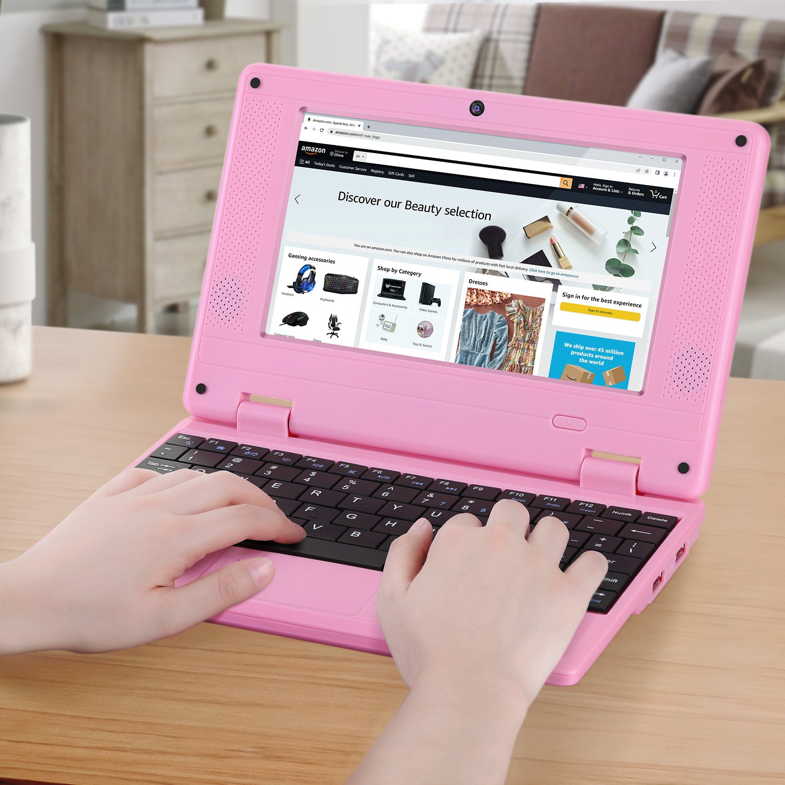 NBD Laptop Computer(7 inch), Quad Core Powered by Android 12.0, Netbook Computer with WiFi, Webcam and Bluetooth, Mini Laptop with Bag, Mouse, and Mouse Pad for Kids（Pink）