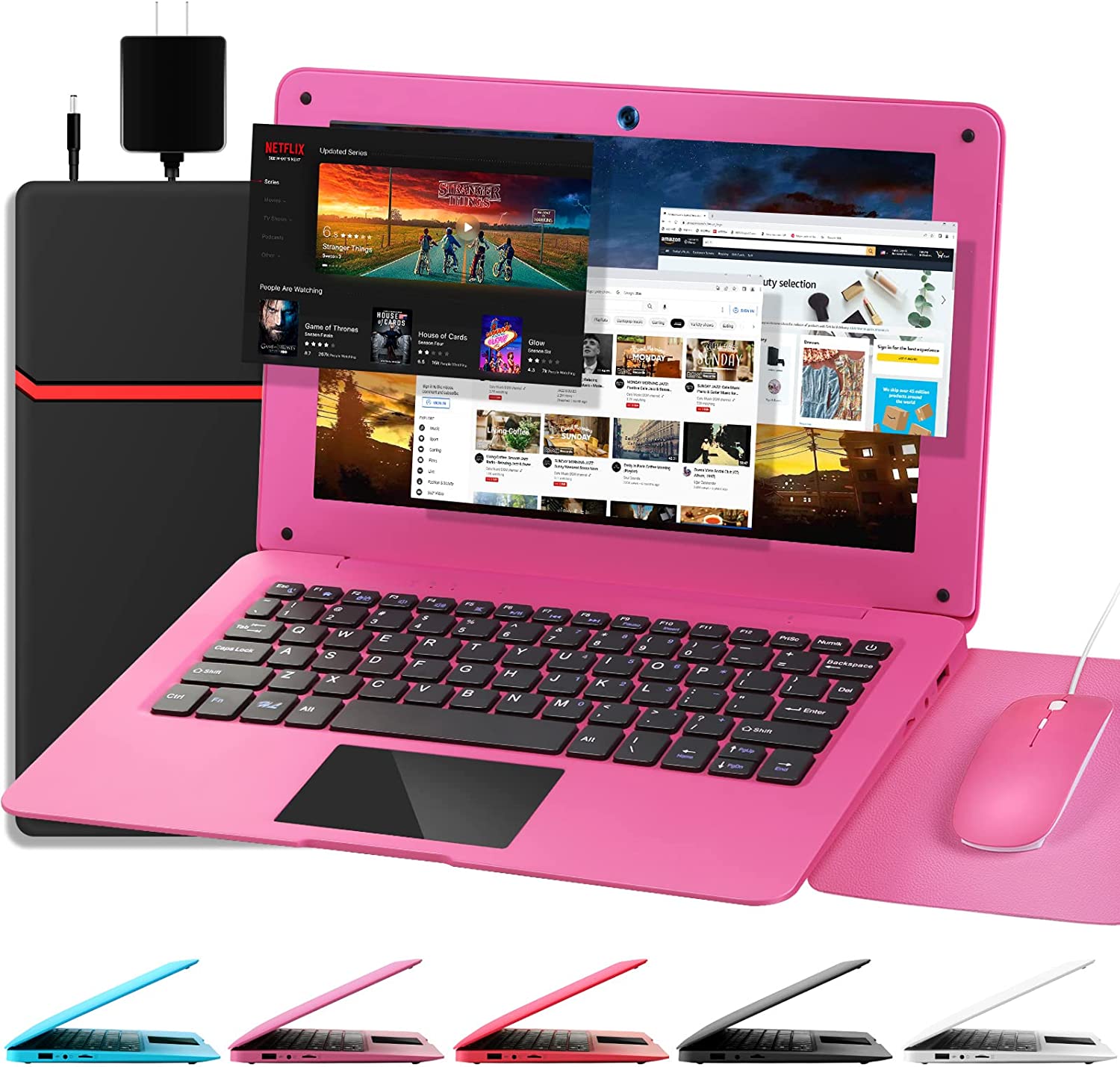 NBD Laptop Computer(10.1 inch), Quad Core Powered by Android 12.0, Netbook Computer with WiFi, Webcam and Bluetooth, Mini Laptop with Bag, Mouse, and Mouse Pad for Kids and Adults（Pink）